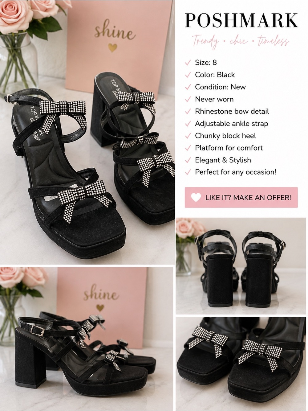 TOP Moda Black Rhinestone Bow Platform Block Heels